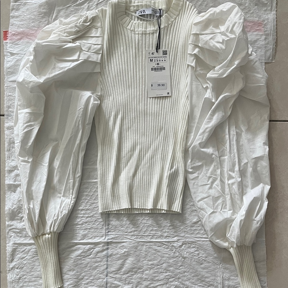 Zara Cream Ribbed Puff Sleeve Blouse
